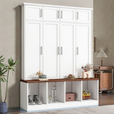 Entryway Hall Tree with 4 Hidden Hanging Hooks, Entryway Cabinet Coat Hanger with Bench, Hallway Coat Rack for Living Room Mudroom