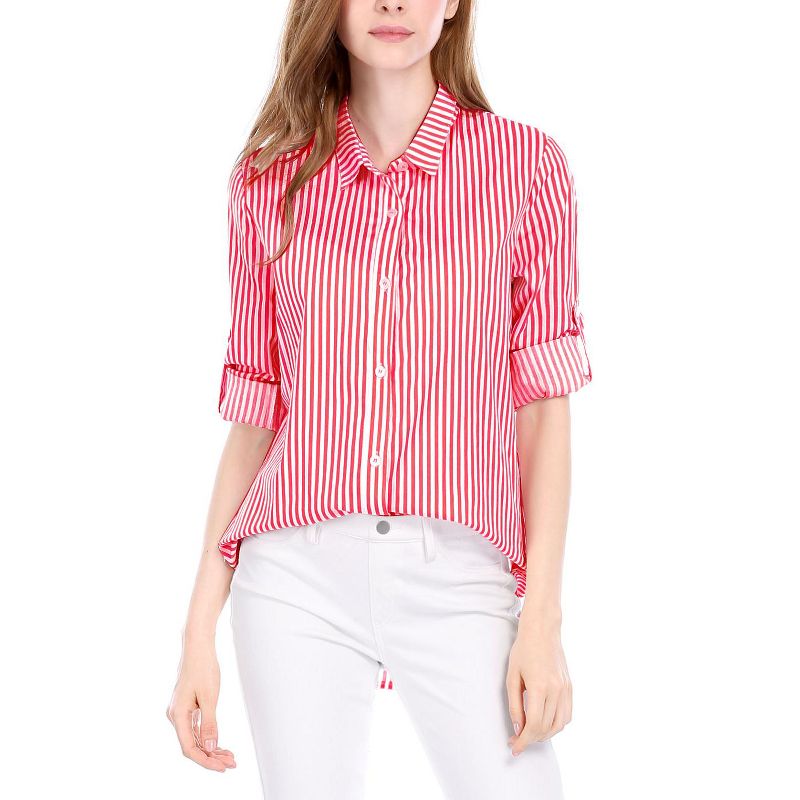 Allegra K Women's Striped Button Down Roll-up Long Sleeves Point Collar Shirt, 1 of 6
