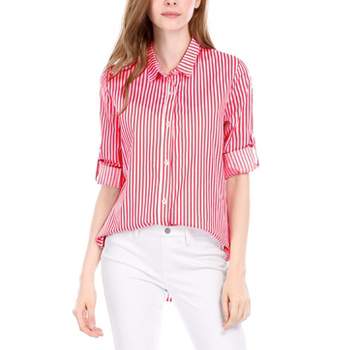 Allegra K Women's Striped Button Down Roll-up Long Sleeves Point Collar Shirt