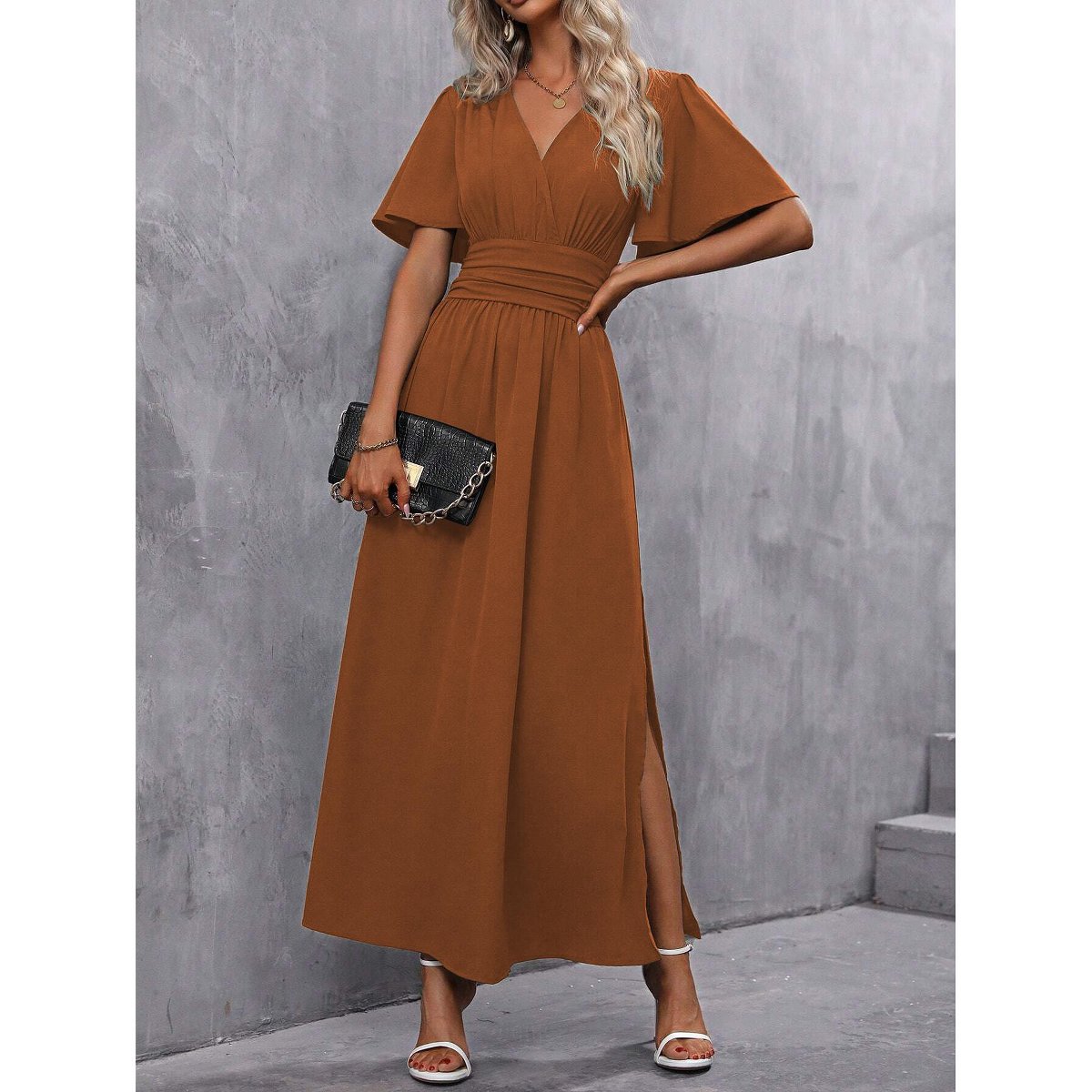 Женские платья Garvee Women's Summer Dress Elegant Side-Slit Evening Dress Classy V-Neck Short Sleeve Cocktail Midi Dress Camel L — фото 3