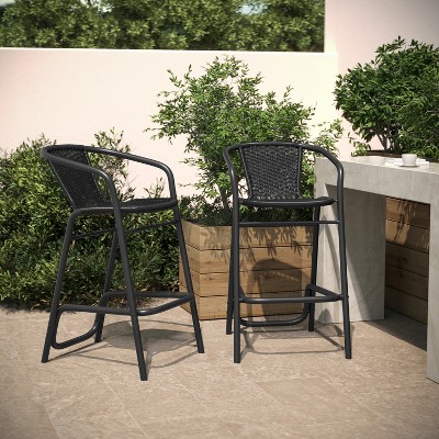 Flash Furniture Lila Set of 2 Commercial Grade Indoor-Outdoor PE Rattan Restaurant Barstools with Aluminum Frames and Footrests