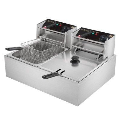 ROVSUN 22.8QT Electric Deep Fryer, Countertop Commercial Stainless Steel Dual Tank Frying Machine w/Baskets Lids, Adjustable Temp, 5000W
