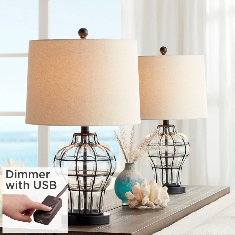 360 Lighting Hudson Rustic Accent Table Lamps 23" High Set of 2 Bronze Clear Glass USB Charging Port Drum Shade for Bedroom Living Room Bedside Desk, 2 of 10