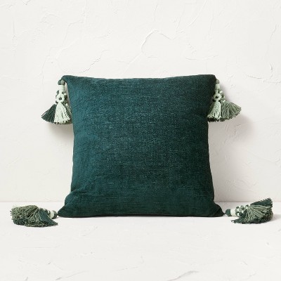 Cotton Chenille Square Throw Pillow With Tassels Teal Opalhouse