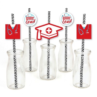 Big Dot of Happiness Nurse Graduation - Paper Straw Decor - Medical Nursing Graduation Party Striped Decorative Straws - Set of 24
