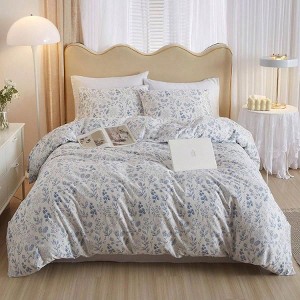 3 Piece Queen Duvet Cover, White with Blue Floral Print, Soft Cotton Boho Aesthetic Set with Zipper 4 Ties - 1 of 4