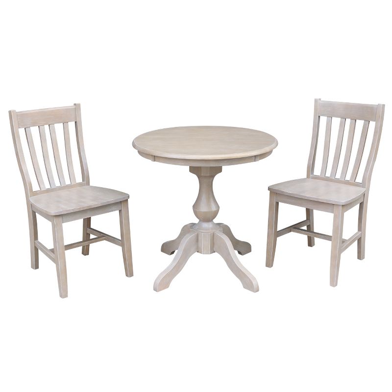 3pc Solid Wood 30&#34;x30&#34; Round Pedestal Dining Table and 2 Cafe Chairs Washed Gray Taupe - International Concepts, 1 of 12