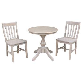 3pc Solid Wood 30"x30" Round Pedestal Dining Table and 2 Cafe Chairs Washed Gray Taupe - International Concepts