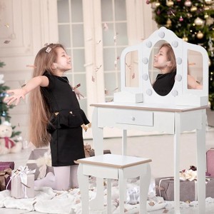Kids Vanity Table and Chair Set with Lighted Mirror,Princess Vanity Table for Girls with 3-Way Mirror & Stool, White Wooden Kids Makeup Desk - 1 of 4