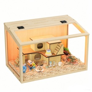 Artloge Chew-proof Wooden Hamster Cage Small Pet Viewing House with Openable Top & Tempered Glass Panels & Ventilation Holes & Built-in LED Light - 1 of 4