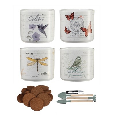 Vintage-Inspired Garden Starter Kit with 4 Decorative Pots & Tools – Butterfly, Bird & Nature Prints, 3.1" Dia.