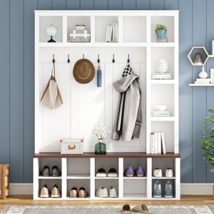 76.7" Farmhouse Hall Tree with Storage Bench, 6 Hooks & Adjustable Shelves, 4-in-1 Entryway Shoe Cabinet with 13 Cubbies for Mudroom-3irtyhousy - 1 of 4