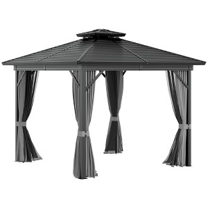 Outsunny Metal Hardtop Gazebo with Mesh Sidewalls & Curtains, Double Roof Pavilion for Patio, Backyard, Deck, Porch - 1 of 4