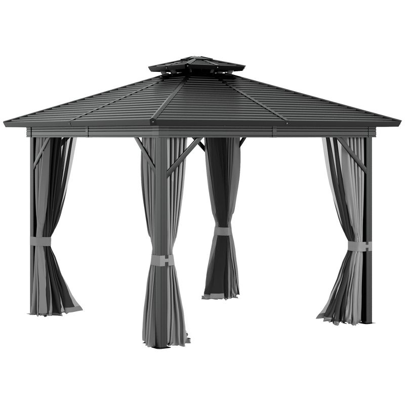 Outsunny 10' x 10' Metal Hardtop Gazebo with Mesh Sidewalls & Curtains, Double Roof Pavilion for Patio, Backyard, Deck, Porch, Gray, 1 of 7
