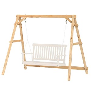 Resenkos 3-Seat Wooden Swing Stand, Patio Swing With Tables, Outdoor Swing for Garden, Pool, Yard, - 1 of 4