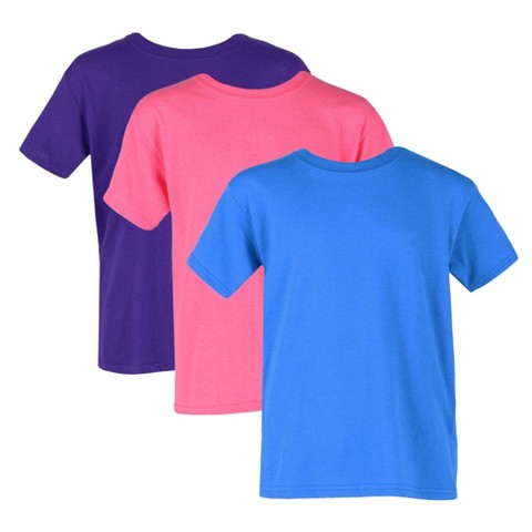 Gildan Girl's Crew Neck Cotton Tee Shirt (Pack of 3), Large, Blue, Pink, Purple