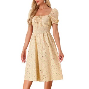 Allegra K Women's Summer Floral Puff Sleeve Square Neck Midi Smocked Dresses - 1 of 4