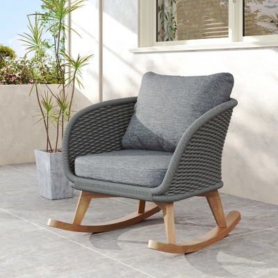 Contemporary Minimalist Wicker Rocking Chairs with Soft Cushions,Durable Wooden Frame for Indoor and Outdoor Spaces – The Pop Home