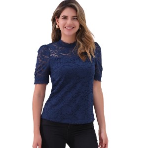 INSPIRE CHIC Women's Floral Lace Mock Neck Puff Short Sleeve Elegant Blouse - 1 of 4