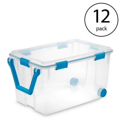 Sterilite 19434303 120 Quart Clear Plastic Storage Container Box and Lid with Tight Fitting Blue Latches and 2 Rear Wheels (12 Pack)