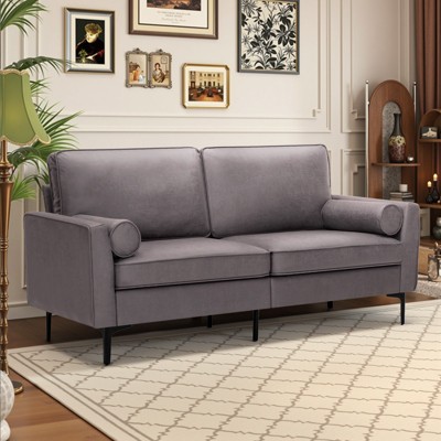 Buenhomino Faux Leather Sofa Couch, Mid-Century 70 Inch 3 Seater Leather Couch with Comfort Pillows for Living Room,Elegant Gray