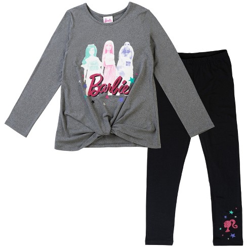 Barbie Little Girls Knotted Long Sleeve Graphic T-Shirt & Leggings Grey /  Black 4-5