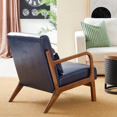 Navy Blue Faux Leather Mid-Century Modern Accent Chair with Walnut Wood Frame
