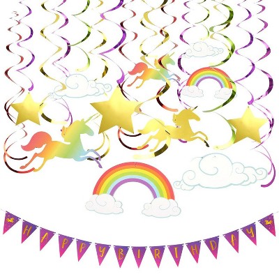 Blue Panda 30-Piece Rainbow Unicorn Party Decorations Supplies - Happy Birthday Banners, Hanging Swirl Décor