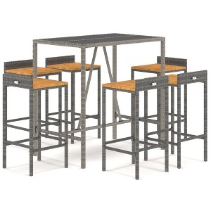 vidaXL Seven-Piece Patio Bar Set - Gray PE Rattan, Solid Acacia Wood Seat, Tempered Glass Tabletop - 1 of 4