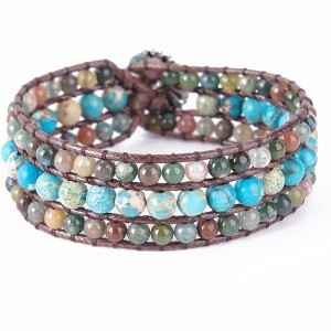 Boho Handmade Natural Stone Bead Bracelet, 3-Row Wide Wrap Wrist Statement Jewelry for Women - 1 of 4