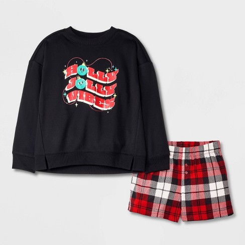 Girls Christmas 2pc holly Vibes Long Sleeve Sweatshirt Boxer Pajama Set Art Class Black red Target