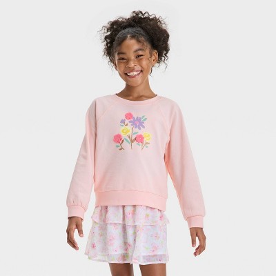 Girls' Long Sleeve French Terry 'Easter Floral' Pull Over Sweatshirt - Cat & Jack™ Light Peach Orange