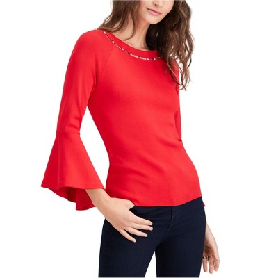 I.N.C International Concepts Womens Beaded-Neck Pullover Blouse, Red, Medium