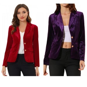 INSPIRE CHIC Women's Notched Lapel Vintage Office Button Front Velvet Blazer 2 Packs - 1 of 4