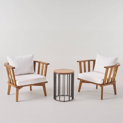 Horatio 3pc Acacia Wood Club Chairs & Side Table Set - Teak/White - Christopher Knight Home: Garden Seating with Cushions