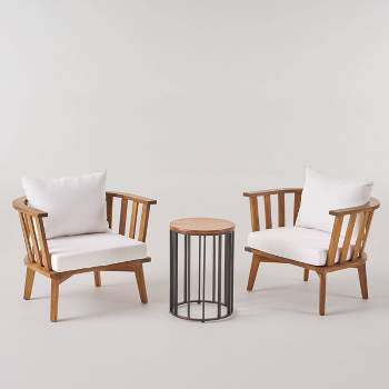 Horatio 3pc Acacia Wood Club Chairs & Side Table Set - Teak/White - Christopher Knight Home