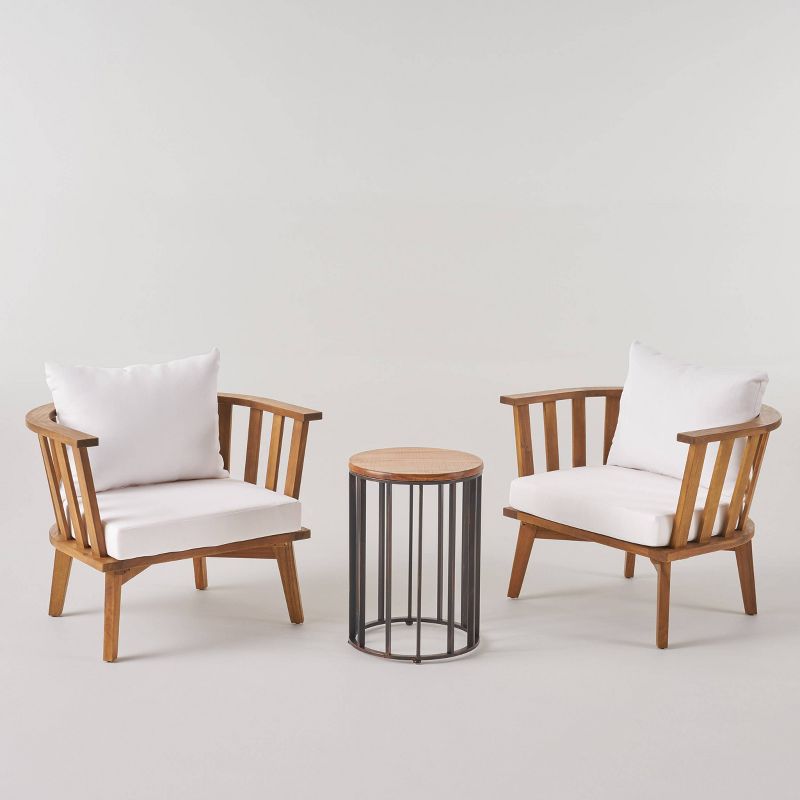 Horatio 3pc Acacia Wood Club Chairs &#38; Side Table Set - Teak/White - Christopher Knight Home, 1 of 5