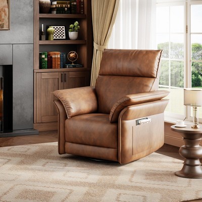 Swivel Power Recliner Chair, Faux Leather Glider Rocker with USB Charging Port, Side Pocket & Double Armrests