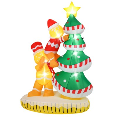 Gymax 7' Inflatable Gingerbread Men and Xmas Tree w/ 7 Built-in LED Lights & Internal Fan Perfect for Yard Garden & Front Porch