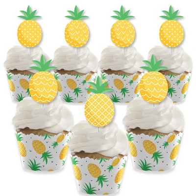 Big Dot of Happiness Tropical Pineapple - Cupcake Decoration - Summer Party Cupcake Wrappers and Treat Picks Kit - Set of 24