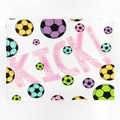Girls' Soccer Kick White and Turquoise Sherpa Throw Blanket