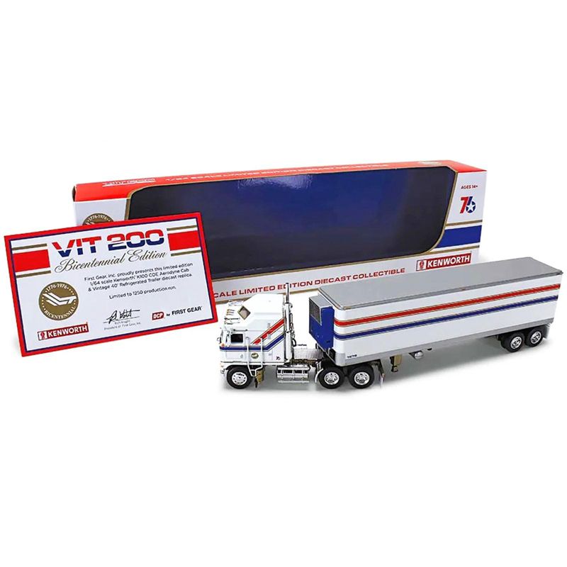 Kenworth K100 COE Aerodyne Sleeper and 40' Refrigerated Tandem-Axle Trailer White w/Stripes 1/64 Diecast Model by DCP/First Gear, 3 of 4