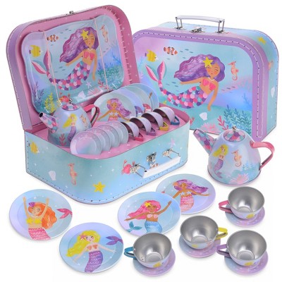 Mermaid Themed 15-Piece Purple Tin Tea Set with Carrying Case