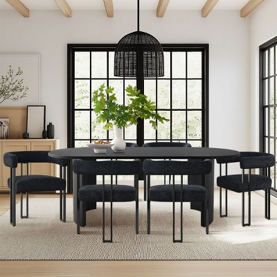 7-Pcs Dining Set for 6 Upholstered Chenille Chairs with 79" Oval Dining Table Modern Design for Dining Room,Kitchen Decor-Tanpinhause