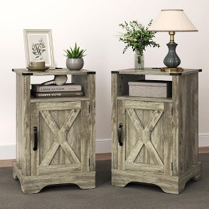 RoyalCraft Farmhouse Nightstand with Charging Station, Rustic End Table Set with Shelf and Storage for Bedroom or Home Office, Set of 2, Light Grey - 1 of 4