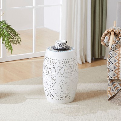 Sapphtopaz Outdoor End Table Modern Iron Outdoor End Table Outdoor Side Table, Ceramic Tile Patio Table Small Table for Backyard, Balcony, Porch,White