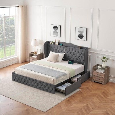 Jojoka Velvet Upholstered Bed Frame,Platform Bed Frame with Wingback Headboard,Charging Station and 4 Wheeled Drawers