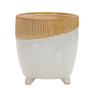 Ceramic Footed Planter – 7.75"H – Brown White Color Block Pot for Plants By Melrose - 1 of 3