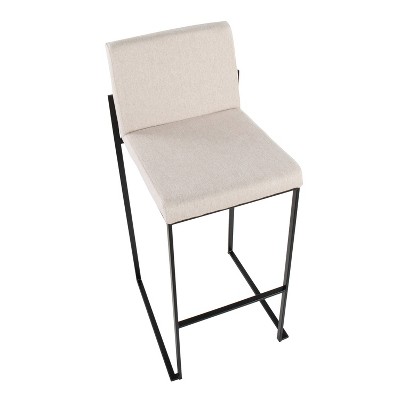 Set of 2 Black Steel and Beige Fabric High Back Barstools