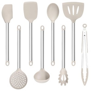 Itopfox 8-Piece Kitchen Utensils Set with Heat-Resistant Silicone Heads & Stainless Steel Handles, Includes Spatula Tongs, Spoon, Ladle, Pasta Server - 1 of 4